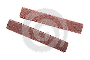 Chocolate wafers coating isolated on white background. Chocolate wafer stick isolated