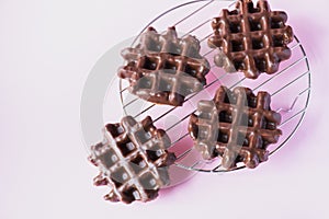 Chocolate waffles on a cooling rack. Top view, pink background