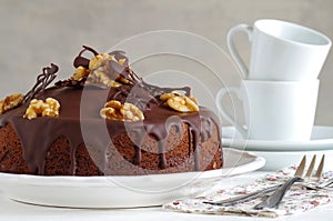 Chocolate walnut cake with chocolate glazing