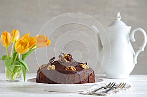 Chocolate walnut cake with chocolate glazing