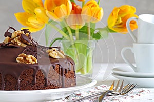 Chocolate walnut cake with chocolate glazing