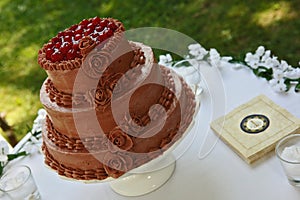 Chocolate wedding cake with cherries