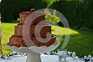 Chocolate wedding cake with cherries