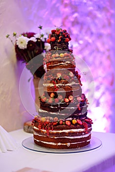 Chocolate wedding cake decorated with fruits