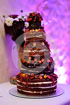 Chocolate wedding cake decorated with fruits