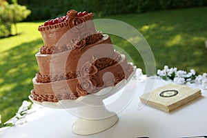 Chocolate wedding cake on table outside