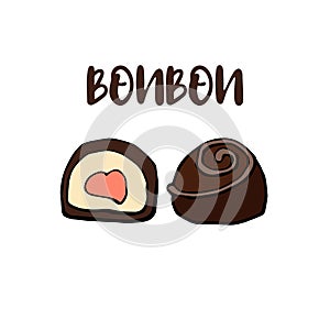 Chocolate whole and sliced candies set vector illustration bonbon isolated on white background