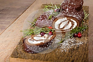 Chocolate Yule log with cranberries