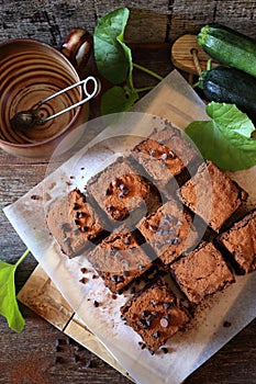 Chocolate Zucchini brownie with chocolate chips, cocoa  powder dressing