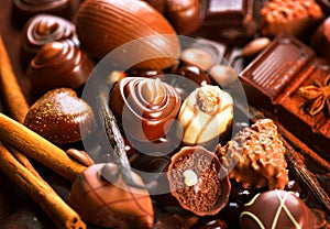 Chocolates assortment. Praline chocolate sweets