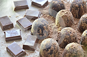 Chocolates background. Chocolate. Assortment of fine chocolates in white, dark, and milk chocolate. Praline Chocolate