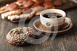 Chocolates background. Chocolate. Cup of hot chocolate, lemon, n