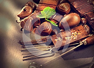 Chocolates background. Praline sweets