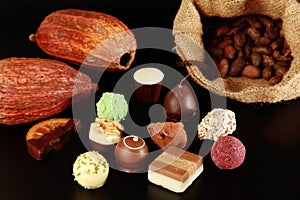 Chocolates, cocoa pods and beans