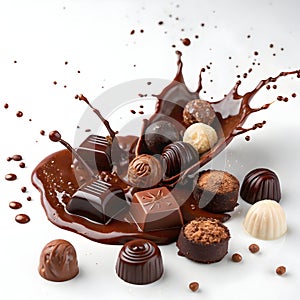 Chocolates Creating a Splash isolated on white background