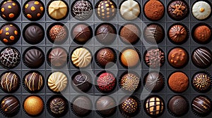 chocolates of different flavors arranged in an orderly manner seen from above,