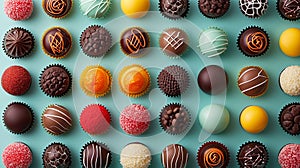 chocolates of different flavors arranged in an orderly manner seen from above,