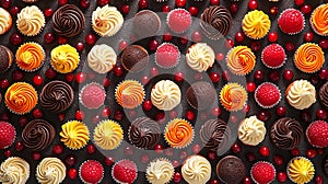 chocolates of different flavors arranged in an orderly manner seen from above,