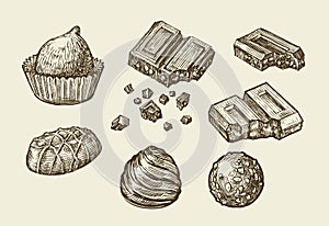 Chocolates. Hand drawn sketch sweets, caramel, candy, bonbon, sweetmeat. Vector illustration photo