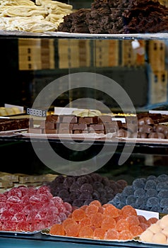 Chocolates. Sale of branch chocolates, caramel sauce, caramel cookies, jams, smoked salt. Showcase of commercial food store.