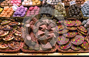 Chocolates and sweets for sale, La Boqueria market, Barcelona