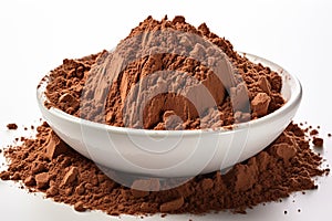 Chocolatey close up Full depth cocoa powder isolated on white backdrop