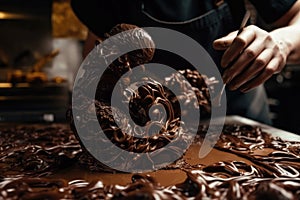 chocolatier, creating intricate and detailed sculpture with melted chocolate