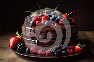 chocolaty cake with creamy ganache and fresh berries