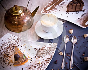 A chocolaty dessert with a delicate biscuit and a souffle melting in the mouth.