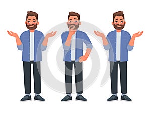 Choice concept. A bearded man thinks and chooses the right decision from two options. Vector illustration