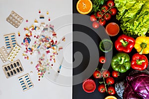 The choice between a healthy lifestyle and medications vegetables or pills.