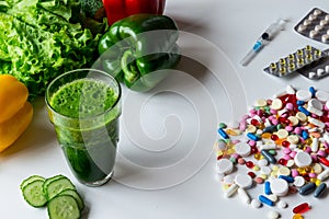 The choice between a healthy lifestyle and medications vegetables or pills.