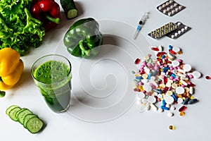 The choice between a healthy lifestyle and medications vegetables or pills.