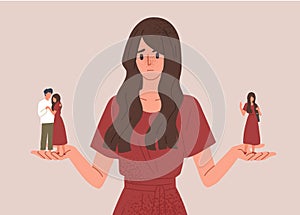 Choice between loneliness and relationships concept vector illustration. Girl hesitating to be alone or start dating