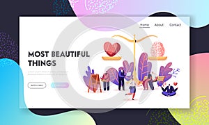 Choice between Mind and Feelings Landing Page Template. Heart and Brain Lying on Scales