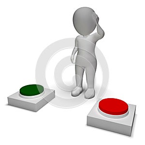 Choice Of Pushing Buttons 3d Character Shows Indecision photo