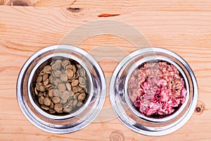 Choice of raw meat or kibbles dog food in bowl