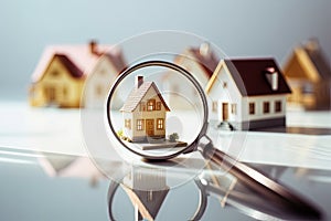 Choice of real estate to buy and invest in. House searching concept with magnifying glass. Generative AI