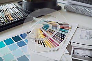 choice sample decorator design color palette designer interior selection project swatch. Generative AI.
