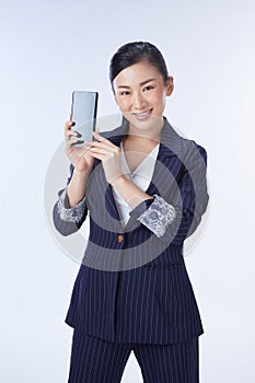 Choice it! Technology, mobile, equipment for communication. Young beautiful woman shows right in camera the blank screen of smart