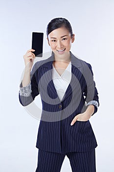 Choice it! Technology, mobile, equipment for communication. Young beautiful woman shows right in camera the blank screen of smart