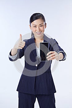 Choice it! Technology, mobile, equipment for communication. Young beautiful woman shows right in camera the blank screen of smart