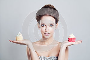 Choice. Unhealthy Food. Woman Holding Sweet