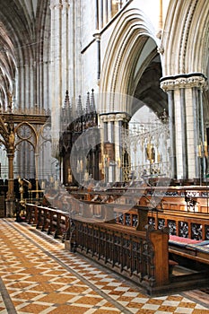 Choir stalls in chancel of Worcester Cathedral, England