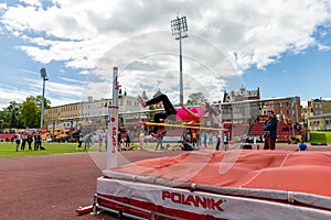 Chojnice, pomorskie / Poland - May, 29, 2019: Athletics competition at the municipal stadium. Struggles in running and jumping in