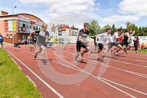 Chojnice, pomorskie / Poland - May, 29, 2019: Athletics competition at the municipal stadium. Struggles in running and jumping in
