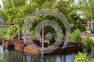 chokecherry tree surrounded by aquaponics and hydroponic systems