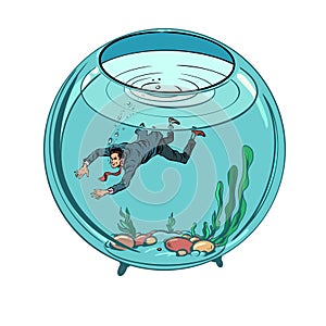 Choking from the amount of work in the office. Hard workdays without rest. A man in a suit swims inside an aquarium. Pop