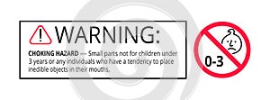 Choking hazard forbidden sign sticker not suitable for children under 3 years isolated on white background. photo