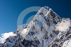 Cholatse mountain peak view from Dzongla village in a morning, Himalaya mountains range in Everest base camp trekking route, Nepal